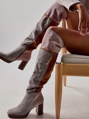 Free People Echo Platform Over-The- Knee Boots Gray, Pink, & Brown Suede sz, 38